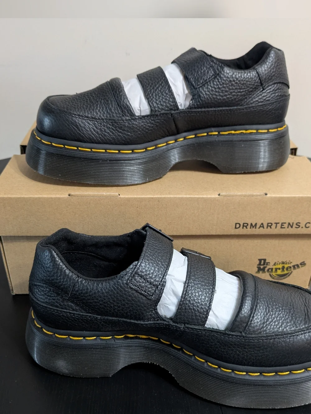 Dr. Martens Black Leather Double-Buckle Platform Mary Jane with Yellow Stitching - Picture 2 of 6